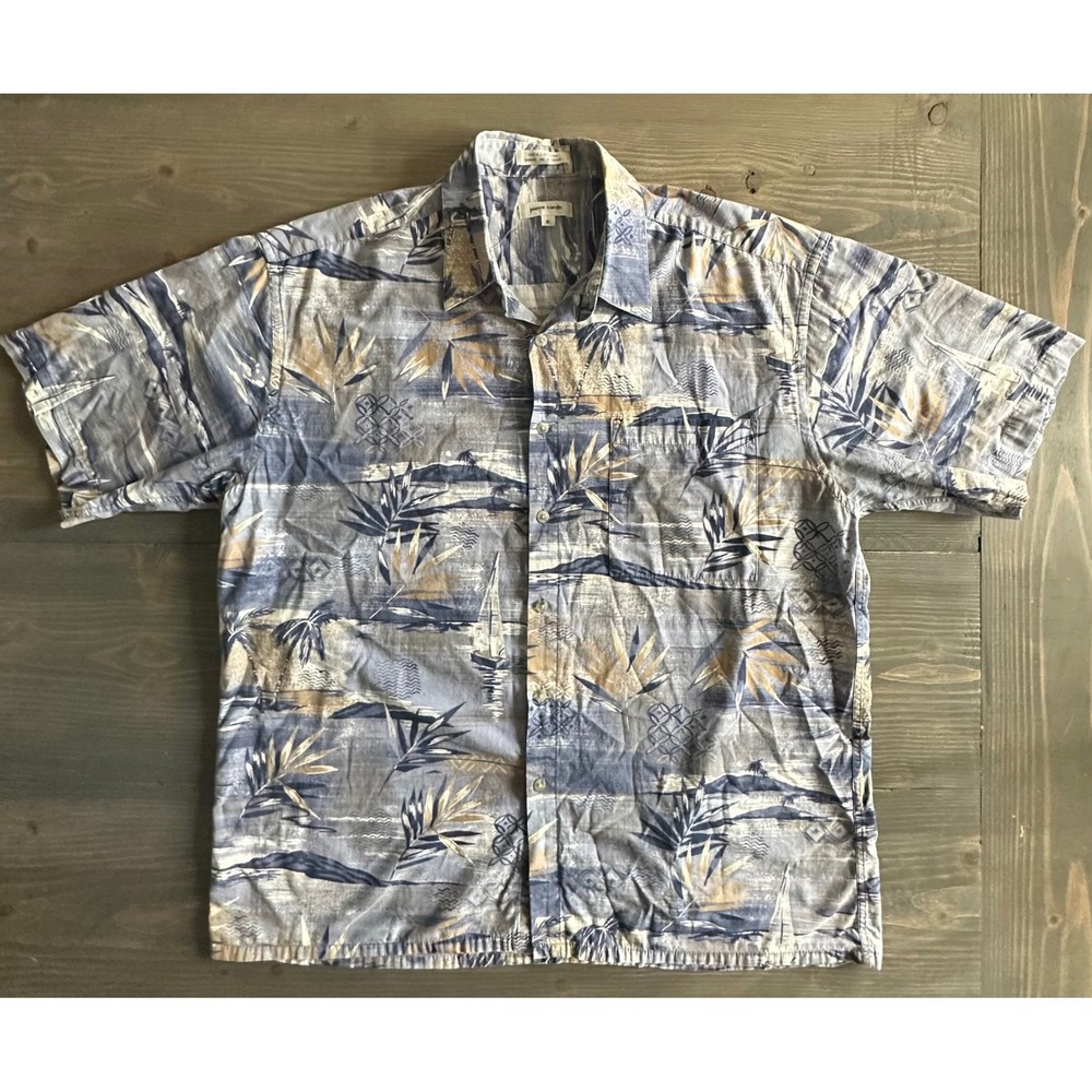 Pierre Cardin Blue Tropical Palm Tree Sail Button Down Collared Shirt Mens Sz XL